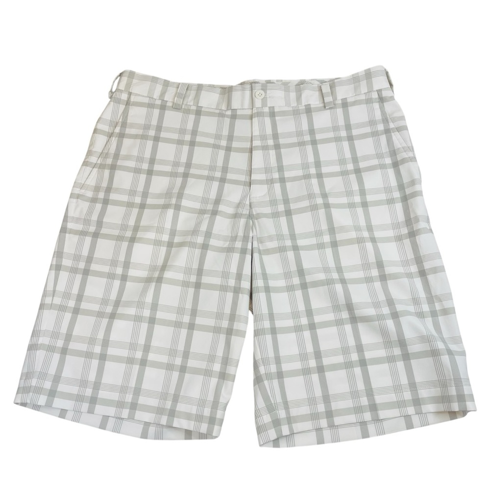 Nike Golf Dri Fit Shorts Mens Size 34 Gray White Plaid Stretch EUC 11” Inseam